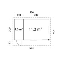 Plan d'un abri de jardin avec des dimensions de 574 x 404 centimètres et une surface de 15,2 mètres carrés