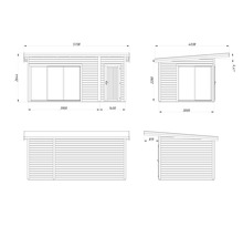 Schéma technique d'un abri de jardin avec dimensions et vues latérales