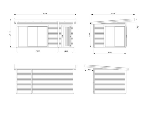 Schéma technique d'un abri de jardin avec dimensions.