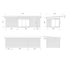 Schéma technique d'un abri de jardin avec dimensions.