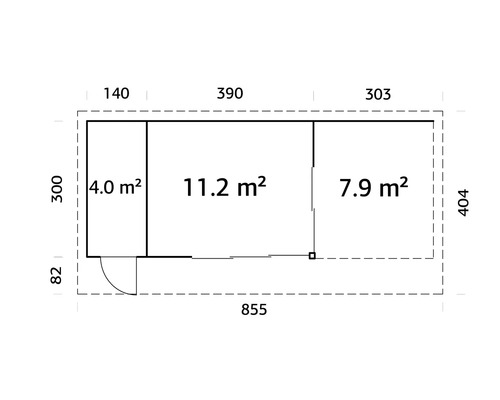 Plan avec dimensions des pièces en mètres carrés et dimensions des murs en centimètres