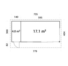 Plan d'un abri de jardin avec indications de surface et dimensions