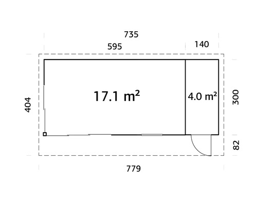 Plan d'un abri de jardin mesurant 779 sur 404 centimètres avec une surface de 17,1 mètres carrés plus une pièce supplémentaire de 4,0 mètres carrés