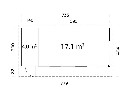 Plan d'un abri de jardin avec indication de la surface en mètres carrés et des dimensions en centimètres