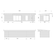 Schéma technique d'un abri de jardin avec dimensions.