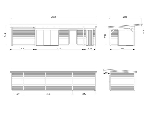 Schéma technique d'un abri de jardin avec dimensions.