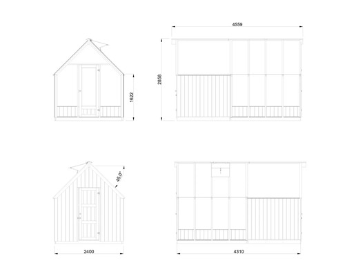Technische Zeichnung eines Gartenhauses mit Maßangaben