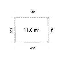 Plan avec les dimensions 420, 430, 302 et 297 avec une superficie de 11,6 mètres carrés