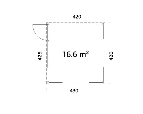 Plan d'un abri de jardin avec dimensions et une surface de 16,6 mètres carrés