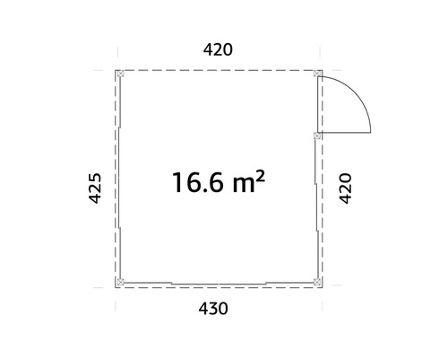 Plan d'un abri de jardin mesurant 425 sur 430 sur 420 sur 420 centimètres et d'une superficie de 16.6 mètres carrés