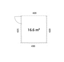 Plan avec les dimensions 420, 425 et 430 centimètres et une superficie de 16.6 mètres carrés.
