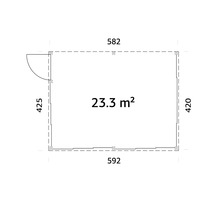 Plan d'un abri de jardin avec des dimensions de 582 sur 592 sur 425 sur 420 et une superficie de 23,3 mètres carrés