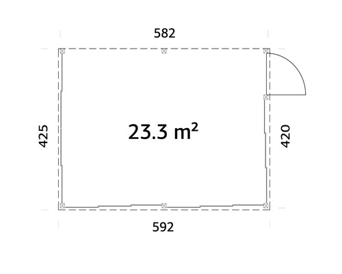 Plan avec dimensions : 582 x 425 cm et 592 x 420 cm, superficie de 23,3 mètres carrés