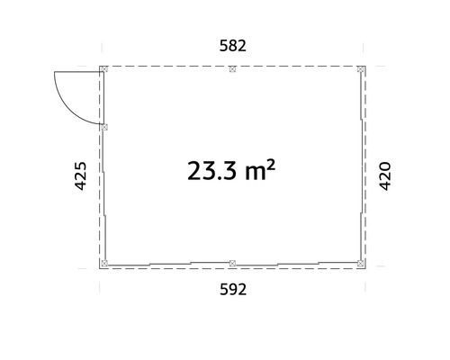 Plan d'un abri de jardin mesurant 582 par 592 par 425 par 420 centimètres et d'une superficie de 23,3 mètres carrés