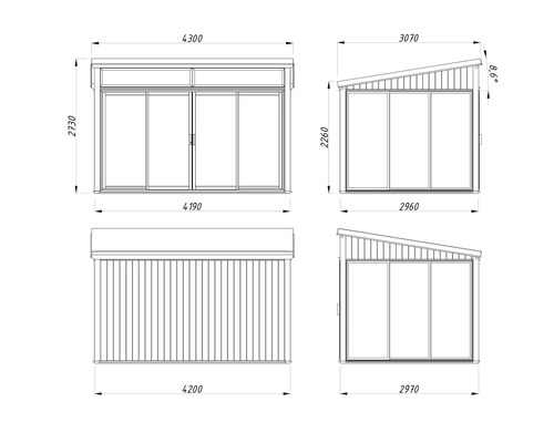 Dessin technique d'une cabane de jardin avec dimensions.