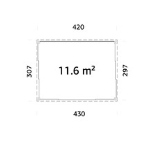 Plan avec les dimensions 420 par 307 et 430 par 297, avec une superficie de 11.6 mètres carrés