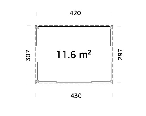 Plan avec les dimensions 420 par 307 et 430 par 297 ainsi qu'une surface de 11,6 mètres carrés