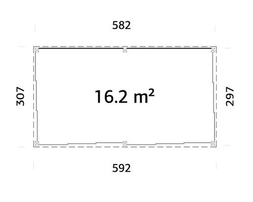 Plan avec dimensions : 582 x 307 et 592 x 297, surface 16.2 mètres carrés