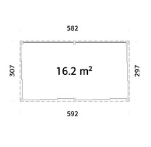 Plan avec dimensions : 582 x 592 x 307 x 297 et 16.2 mètres carrés