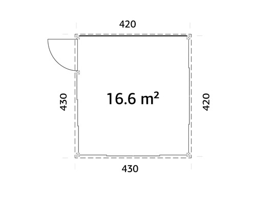Plan avec des dimensions de 430 sur 420 centimètres et une superficie de 16.6 mètres carrés.