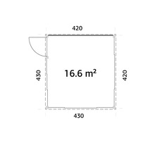 Plan avec dimensions: 430 sur 430 et 420 sur 420, surface: 16,6 mètres carrés