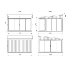 Dessin technique d'un abri de jardin avec dimensions.