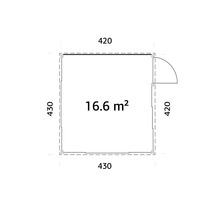 Plan avec les dimensions 430 x 430 et 420 x 420 centimètres, la superficie est de 16,6 mètres carrés