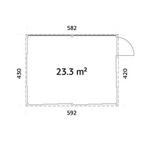 Plan avec dimensions : 430 x 582 centimètres, 420 x 592 centimètres et 23,3 mètres carrés de surface
