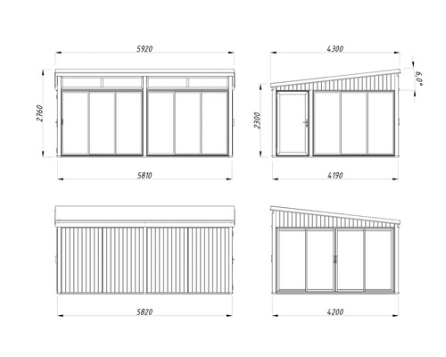 Dessin technique d'un abri de jardin avec dimensions