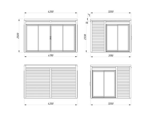 Plan technique d'une remise de jardin avec porte coulissante et indications de dimensions.