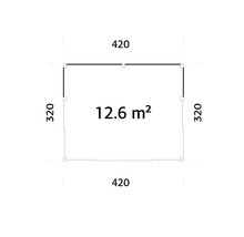 Plan avec des dimensions de 420 sur 320 et une superficie de 12,6 mètres carrés