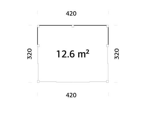 Plan avec des dimensions de 420 sur 320 et une superficie de 12,6 mètres carrés