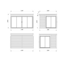 Dessin technique d'un abri de jardin avec porte coulissante et dimensions