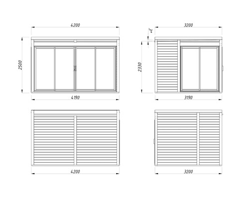 Dessin technique d'une cabane de jardin avec dimensions