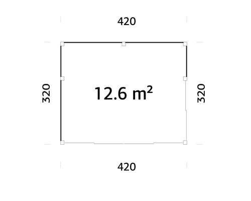 Plan avec les dimensions 420 sur 320 et l'indication 12,6 mètres carrés