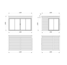 Plan technique d'un abri de jardin avec porte coulissante et dimensions