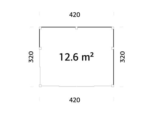 Plan avec les dimensions 420 sur 320 et une surface de 12,6 mètres carrés