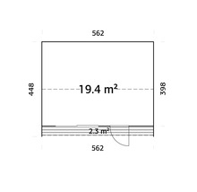 Plan d'un abri de jardin mesurant 562 x 448 cm avec une superficie de 19.4 mètres carrés