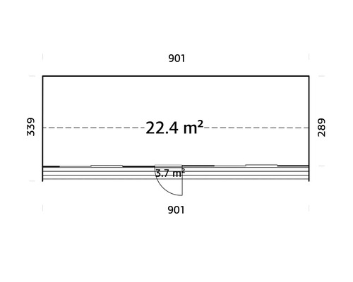 Plan avec les dimensions 901 sur 339 et une superficie de 22,4 mètres carrés.
