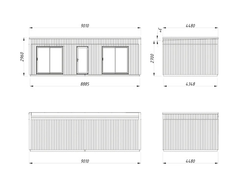 Plan technique d'une cabane de jardin avec dimensions
