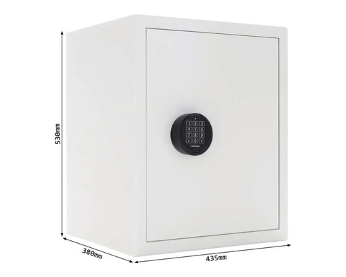 Coffre-fort blanc avec serrure à combinaison électronique et dimensions