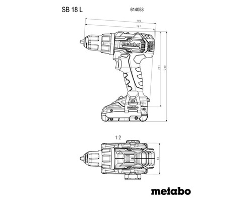 Schéma technique de la perceuse-visseuse à percussion sans fil Metabo SB 18 L avec dimensions