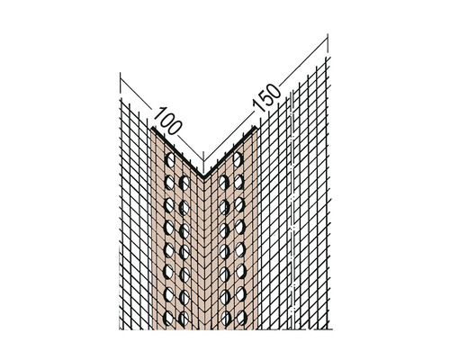 Illustration einer Eckschutzschiene mit Lochung und den Massen 100 mal 150 Millimeter.