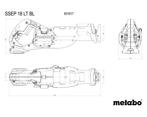 Scie sabre Metabo SSEP 18 LT BL, dessin technique avec dimensions