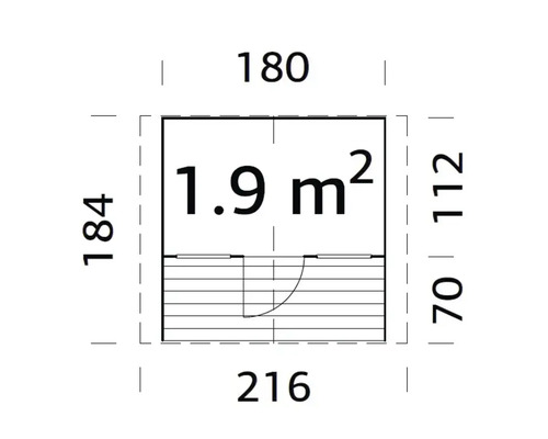 Grundrisszeichnung eines Gartenhauses mit den Maßen 180 mal 216 mal 184 mal 112 Zentimeter und einer Fläche von 1,9 Quadratmetern
