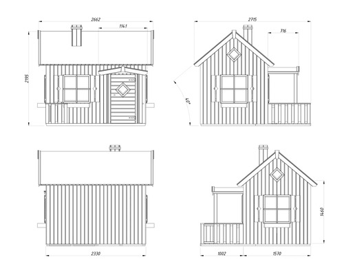 Dessin technique d'une cabane de jardin avec dimensions