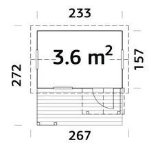Plan d'un abri de jardin mesurant 272 x 233 centimètres, avec une hauteur de mur de 157 centimètres et une superficie de 3,6 mètres carrés.