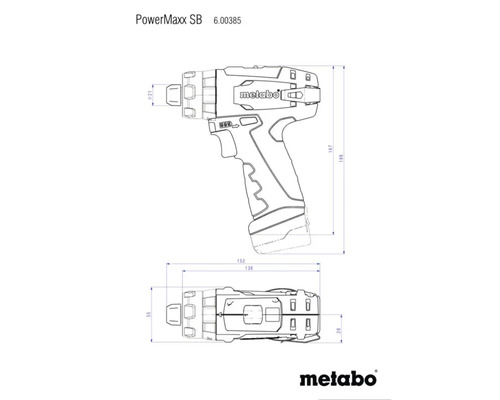 Plan de cotation de la visseuse-perceuse sans fil Metabo PowerMaxx SB