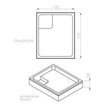 Technische Zeichnung einer Duschwanne mit den Massen 720 mal 770 Millimeter in der Draufsicht und der isometrischen Ansicht.