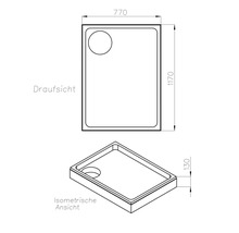 Technische Zeichnung einer Duschwanne mit Maßen 770 x 1170 x 130 mm